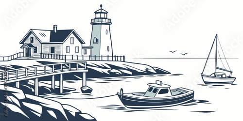 A serene coastal scene with a lighthouse and boats Vector
