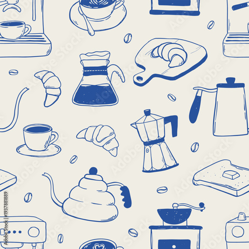 Coffee seamless pattern with espresso cups, moka pots, kettles, coffee beans, croissants, espresso machines for wallpapers, textile prints, packaging, wrapping papers, stationery, backgrounds, etc. EP
