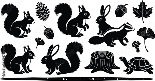 Woodland animal silhouette set featuring squirrels, rabbits, chipmunk, turtle, and forest elements like pine cones, acorns, leaves, mushrooms, and a tree stump on white.