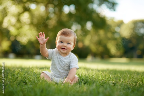Adorable infant smiling and waving in a sunlit grassy outdoor setting