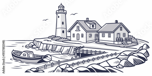 A black and white drawing of a lighthouse on a rocky shore Vector