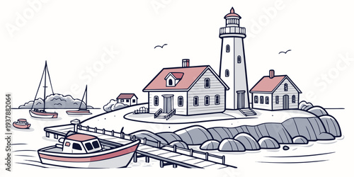 A lighthouse and buildings on a rocky coastline with boats Vector