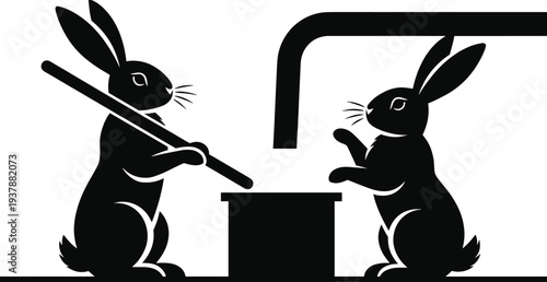 Whimsical black and white illustration of two rabbits cooking together with pot and stick, minimalist animal artwork, creative fantasy kitchen scene for design inspiration