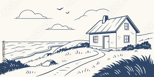 A small house on a hill with a path leading to it Vector