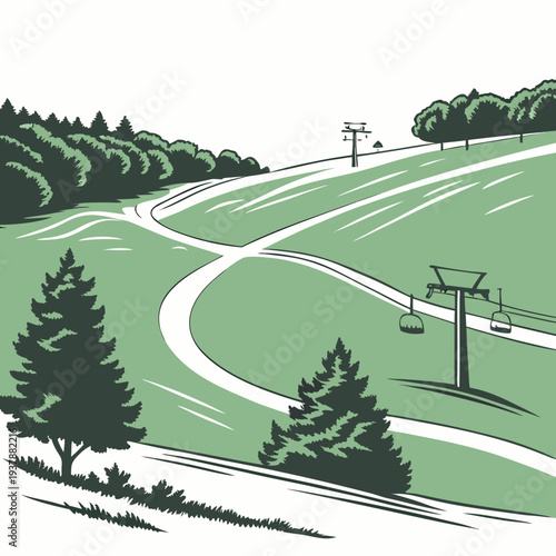 A green ski slope with trees and a ski lift Vector