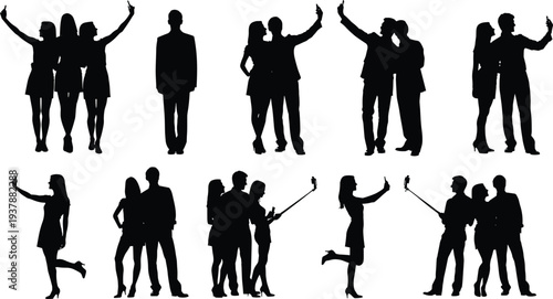 Business people silhouettes taking selfies with smartphones in group poses isolated on white background, social media networking, friendship and corporate lifestyle concept