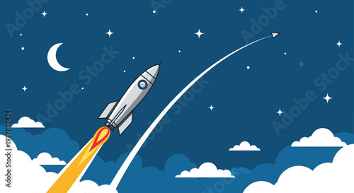 Cartoon rocket ship launching into space with clouds and stars night sky