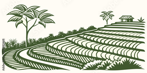 A green illustration of a farm with rows of crops and trees Vector