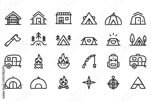 Minimal Camping And Outdoor Adventure Line Icon Set With Tent And Campfire