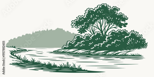 A serene landscape with trees and water Vector