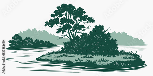 A serene island landscape with trees and water Vector