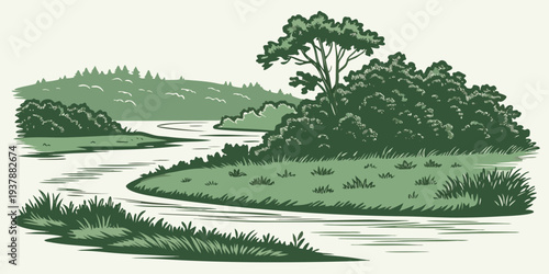 A serene landscape with a winding river and lush greenery Vector