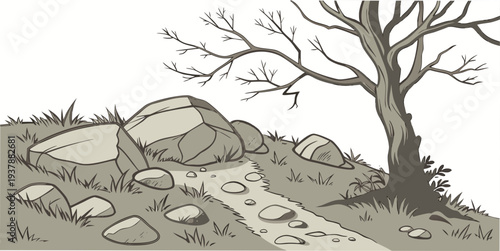 A barren tree on a rocky hillside with a winding path Vector