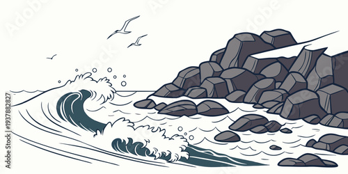 A wave crashes against rocks in a serene landscape Vector