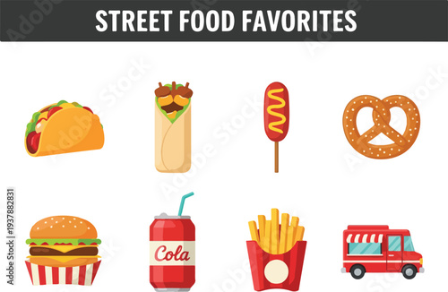 Illustration of street food items taco burrito corn dog pretzel burger soda fries food truck