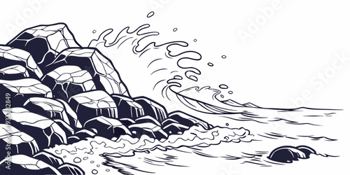 A black and white drawing of a rocky shoreline Vector