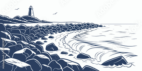 A blue and white image of a lighthouse on a rocky shore Vector