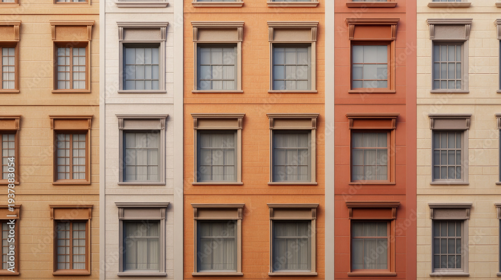 Obraz premium Colorful building facade with symmetrical windows, urban architecture, modern city exterior