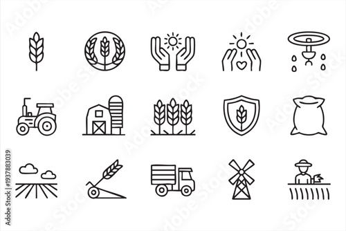Farm And Agribusiness Outline Icons Featuring Crop Harvest And Irrigation