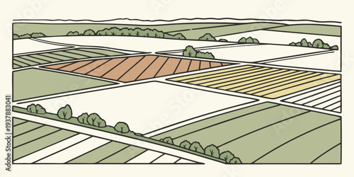 An illustration of a farm with various fields and crops Vector