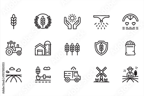 Minimal Agriculture And Farming Line Icon Set With Wheat Tractor And Barn