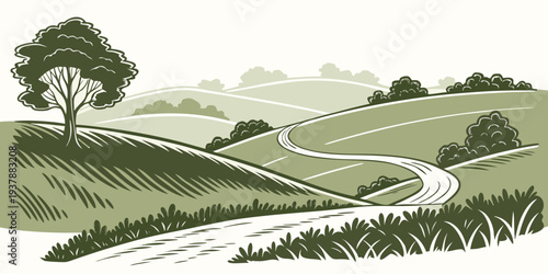 A serene landscape with a winding path and trees Vector
