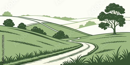 A serene landscape with a winding stream and lush greenery Vector