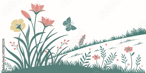 A floral landscape with a butterfly flying overhead Vector