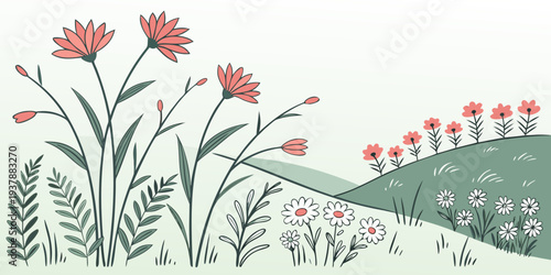 A green hill with red flowers and plants Vector
