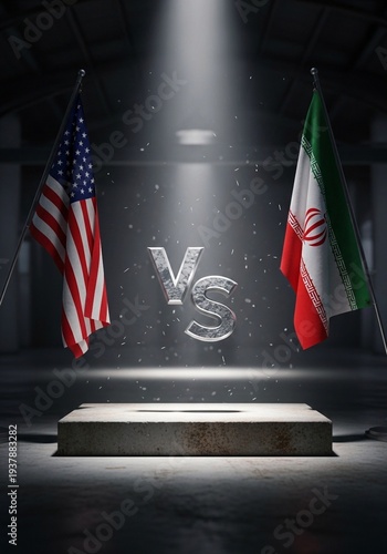 USA vs Iran Geopolitical Conflict Concept - Flags of United States and Iran in Cinematic Spotlight