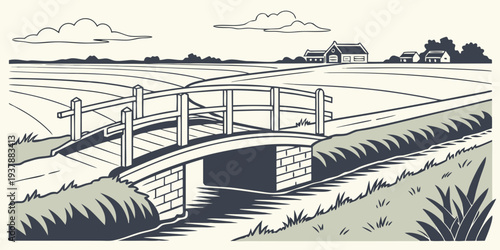 A small bridge over a stream with grassy banks Vector