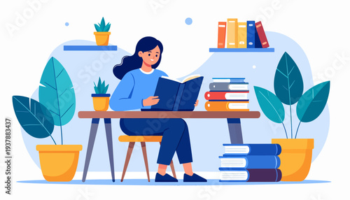 A focused woman engrossed in reading a book while sitting at a desk surrounded by plants and books, illustrating a peaceful and intellectual pursuit