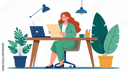 Professional woman diligently working on documents at her home office desk, surrounded by plants and technology, illustrating modern remote work productivity and focus