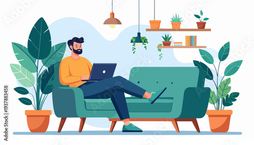 Man working remotely from home on a laptop while relaxing on a sofa surrounded by indoor plants