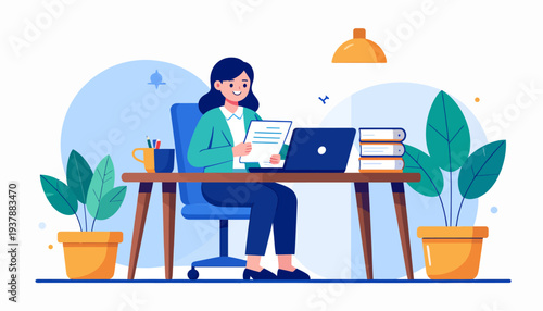 A young woman is diligently working at her desk, surrounded by plants, with a laptop and books, creating a productive and serene work-from-home environment