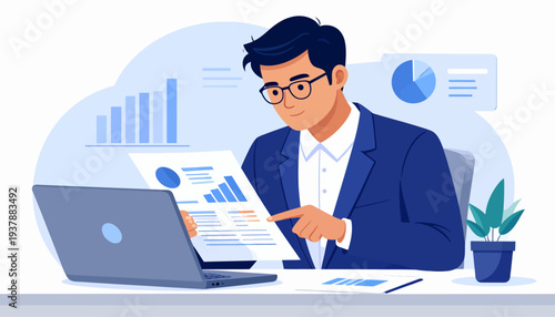 Focused businessman reviewing financial reports and charts on his laptop and papers while sitting at his desk, representing successful business analysis and planning