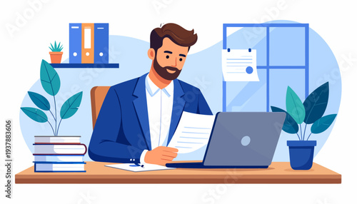 A professional man in a suit works diligently at his desk, reviewing documents with a laptop and plants nearby