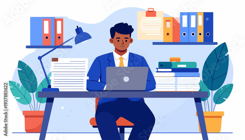 Professional man focused on laptop work at his office desk, surrounded by documents and organized shelves, illustrating business productivity and a productive workflow environment