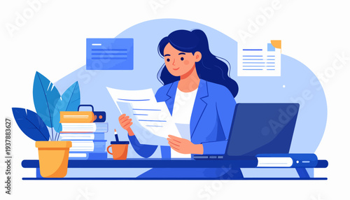 A focused woman reviews documents at her desk with a laptop and books, symbolizing productivity and modern work environment