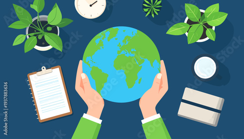 Top view vector illustration of hands holding planet Earth, symbolizing environmental care, conservation, and a sustainable future