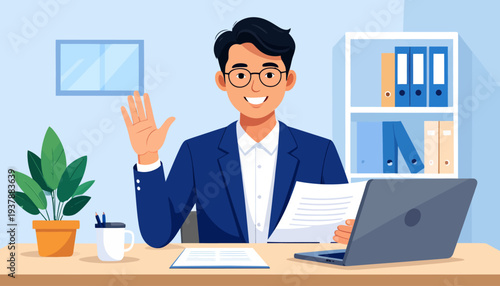 Man in a suit waves hello from his desk in a well-organized office with a laptop and plants