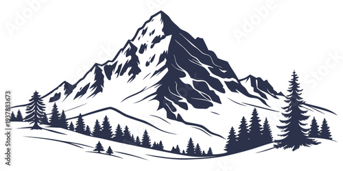 A mountain landscape with trees and a snow covered peak Vector