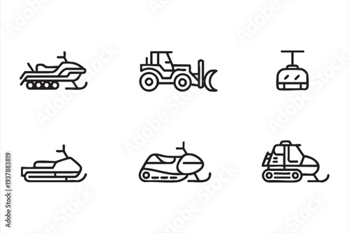 Snowmobile Snowplow And Ski Lift Outline Icons For Winter Travel