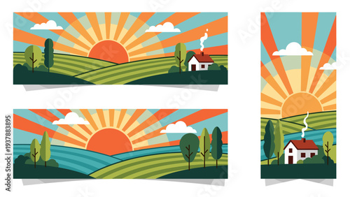 Sunrise Farm Landscape Banners - Rural Countryside Scenery Templates
