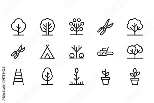 Minimal Tree And Garden Care Line Icon Set With Pruning Tools