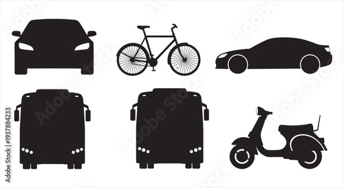 Transportation silhouettes set with car, bus, bicycle and scooter, black vector icons