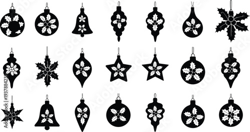 Black Christmas ornaments with white snowflakes and holly patterns hanging