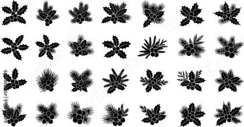 Black holly and pine branch silhouettes for Christmas designs