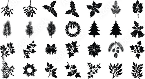 Black silhouettes of Christmas plants and decorations