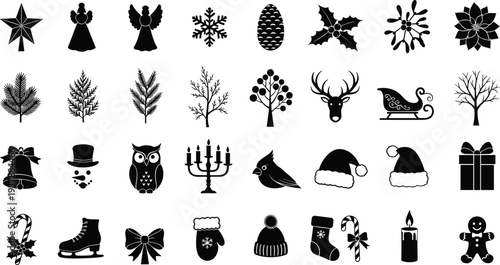 Black silhouettes of Christmas symbols and decorations